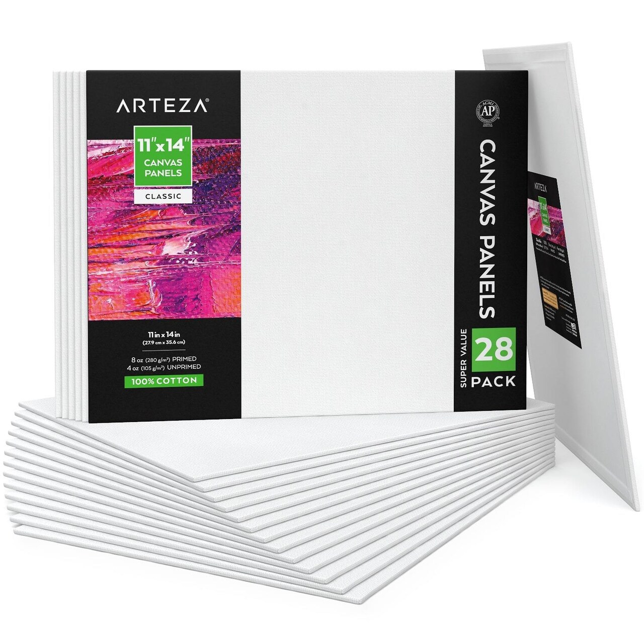 Arteza Canvas Panels, Classic, White, 11"x14", Blank Canvas Boards for Painting - 28 Pack